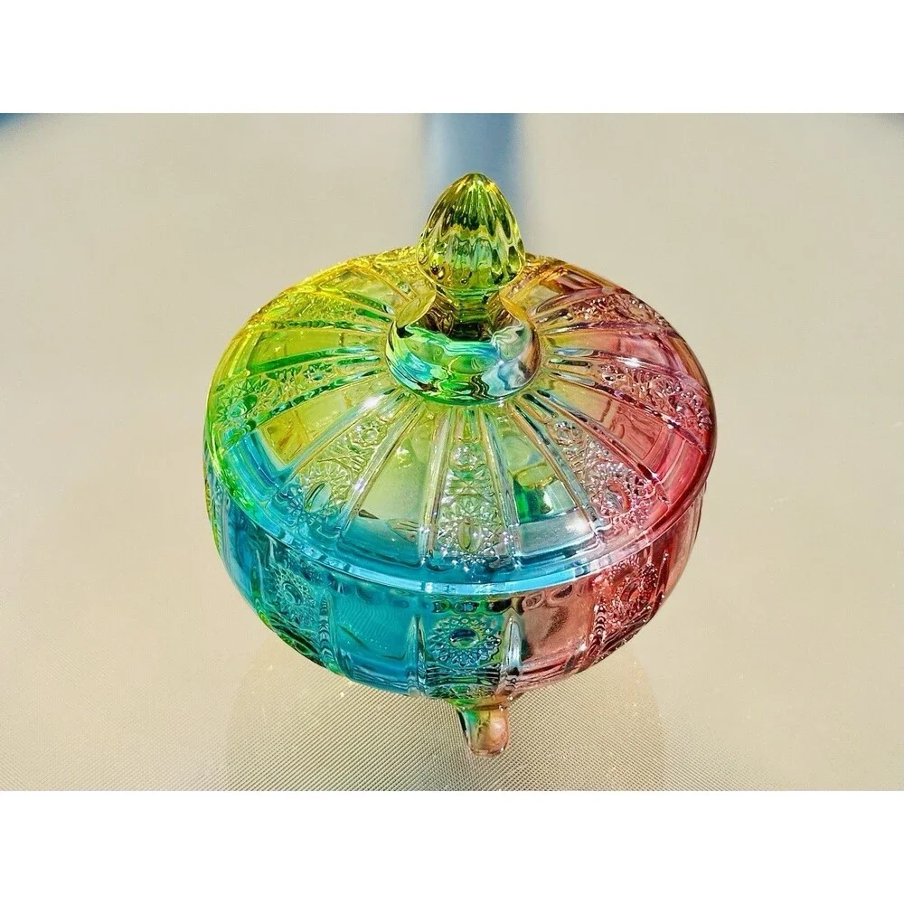 Glass Candy Dish Rainbow Jar 16oz Colorful Embossed Vintage Bowl with Lid